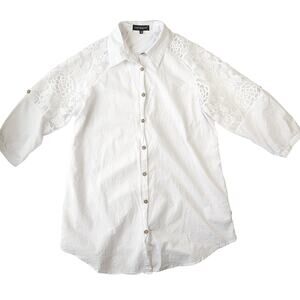 Floral Crochet Mesh Sleeve Cotton Button Down